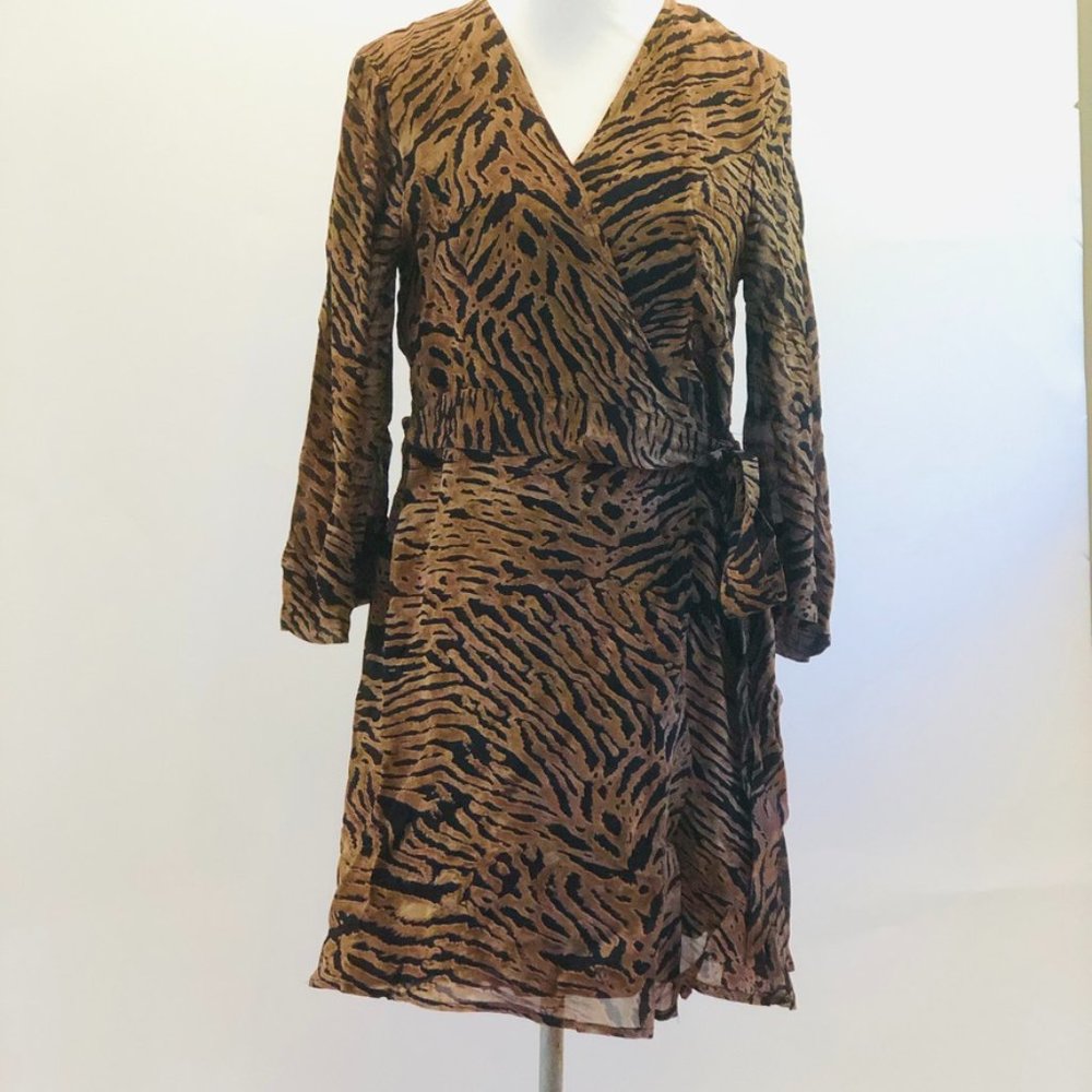 NWT GANNI MINI Georgette Wrap Dress, Tiger Pattern Size 12 (44)